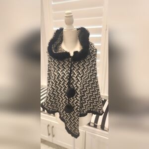 Fur trimmed knit cape